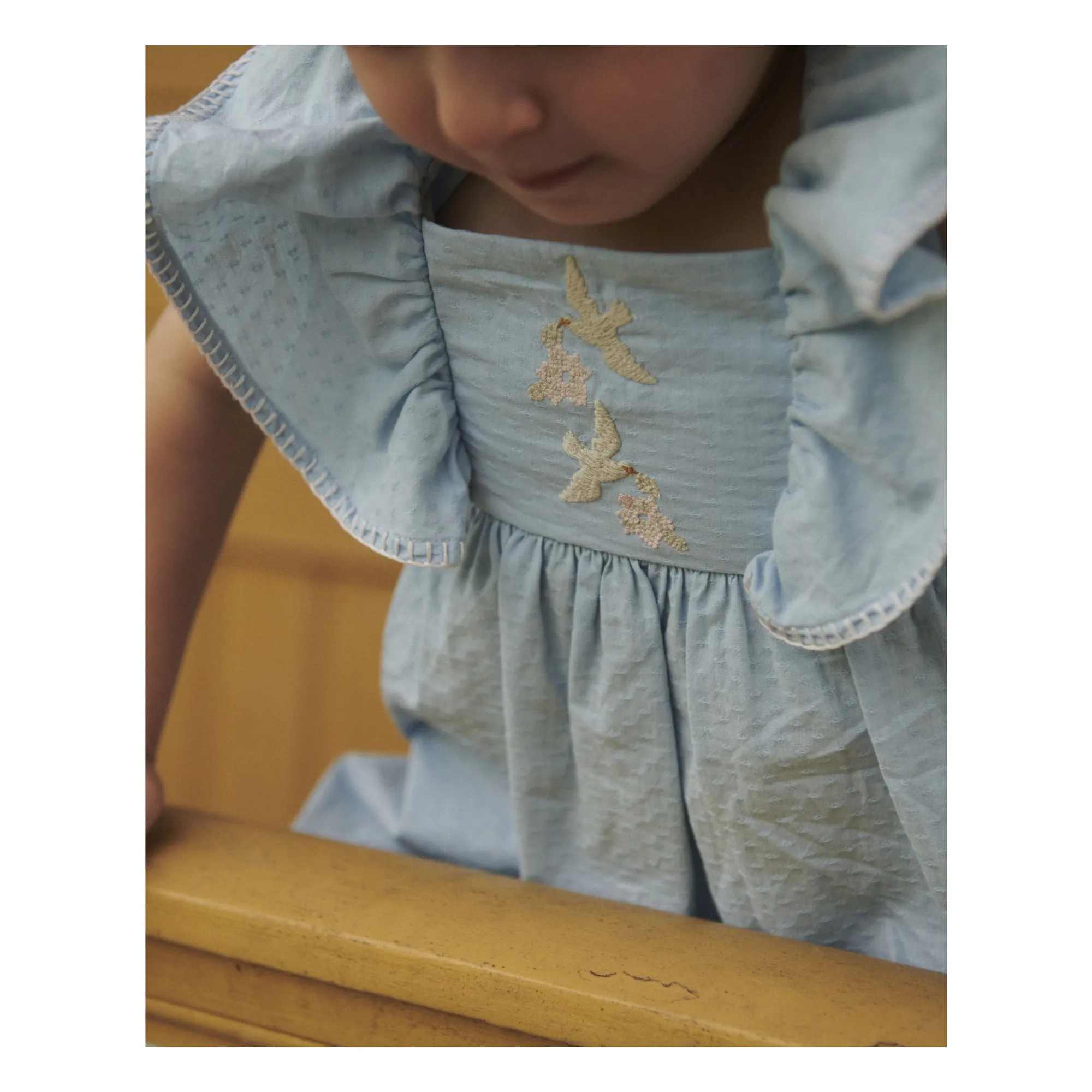 Robe Brodée Oiseaux Coton Bio | Bleu Clair- Image produit n°5
