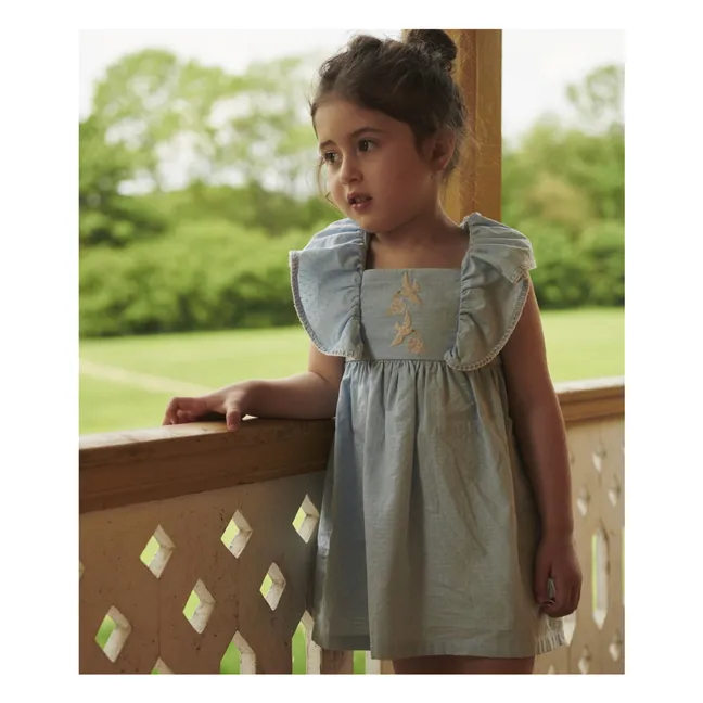 Vestido Pájaros Bordados Algodón Ecológico | Azul Claro