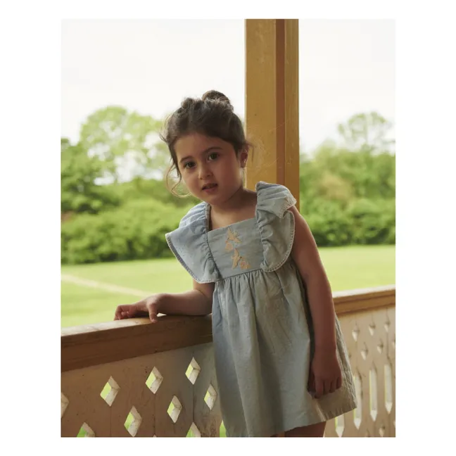 Robe Brodée Oiseaux Coton Bio | Bleu Clair