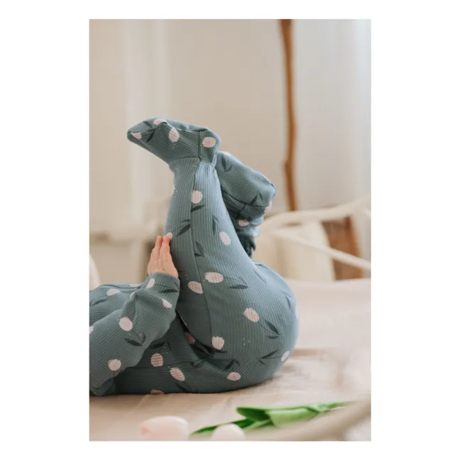 Pyjama avec pieds Fleuri Côtelé Coton Bio | Bleu Vert