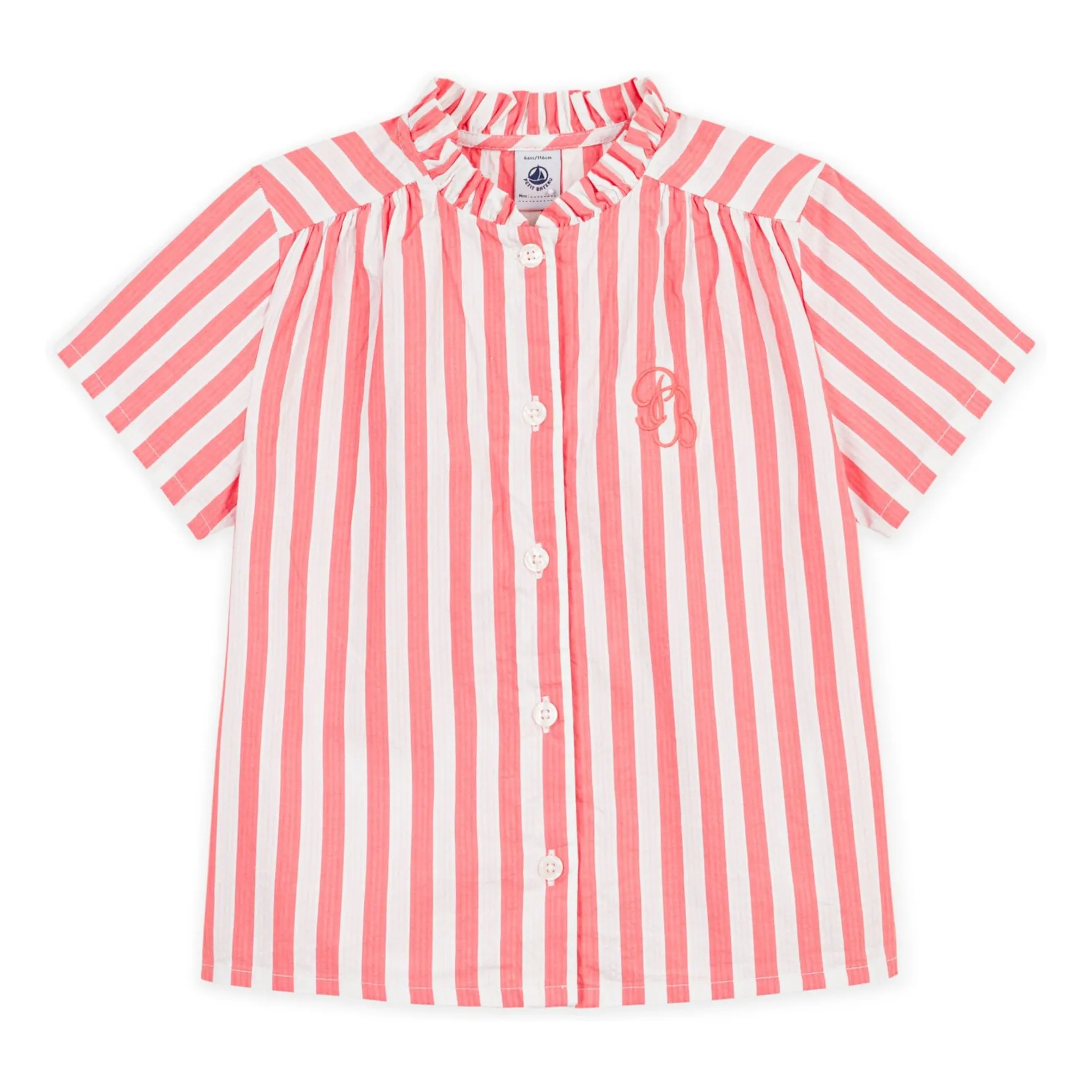 Petit Bateau Girls Coral Striped Organic Cotton Blouse