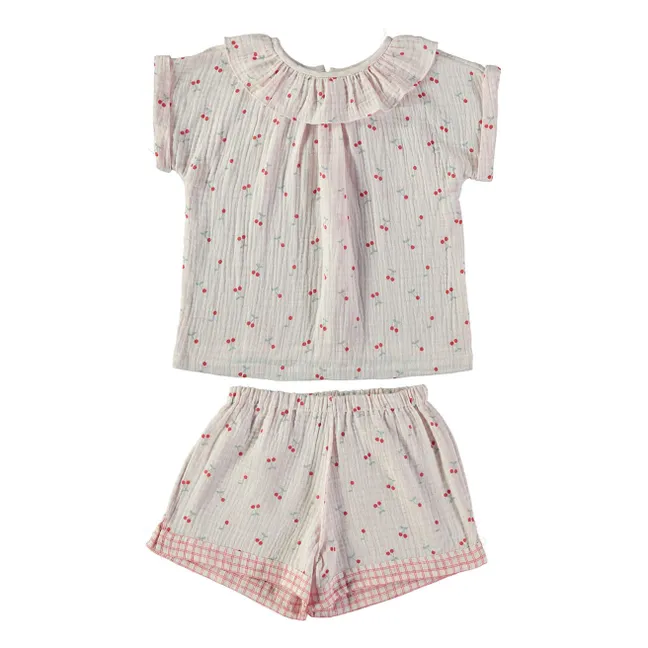 Pyjama Short Lisboa Cerises Gaze de Coton Bio | Ecru