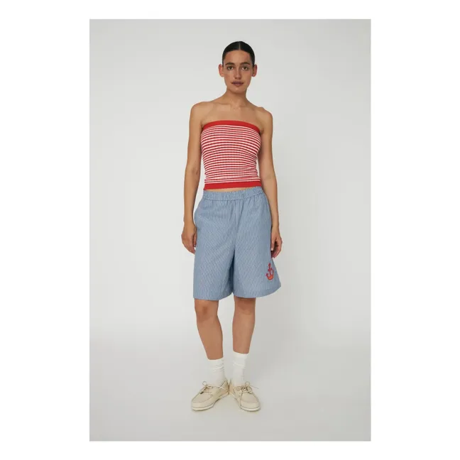 Pantalones cortos bordados a rayas Algodón orgánico | Azul