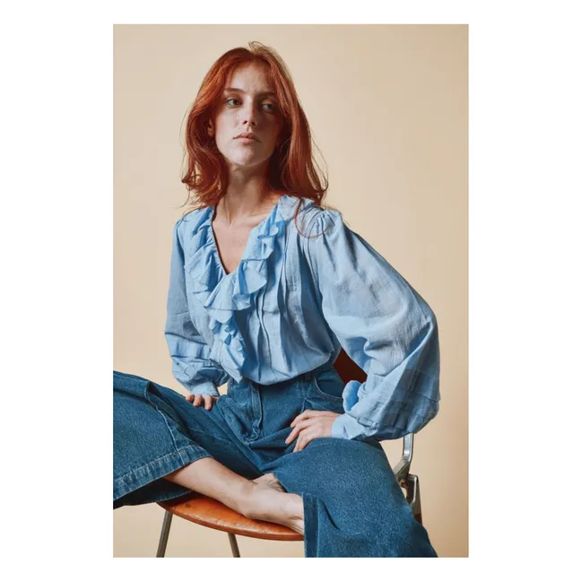 Blusa de algodón con cuello de volantes | Azul