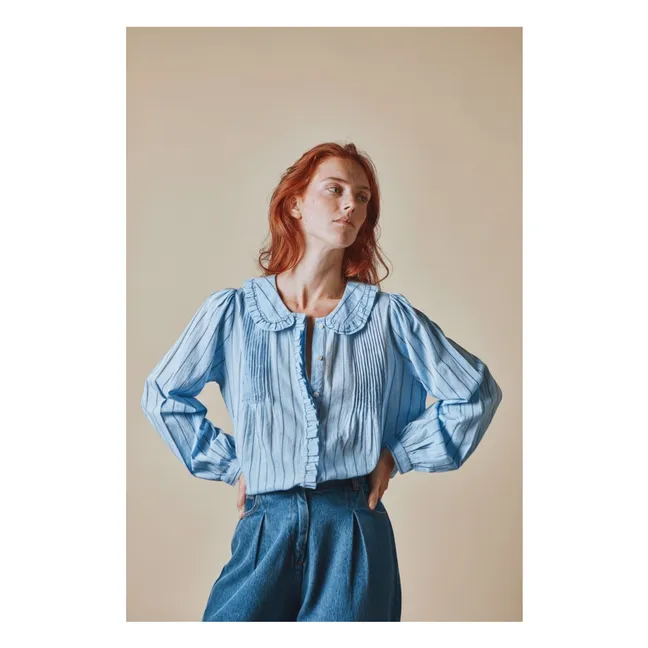 Blusa de algodón con cuello de volantes | Azul