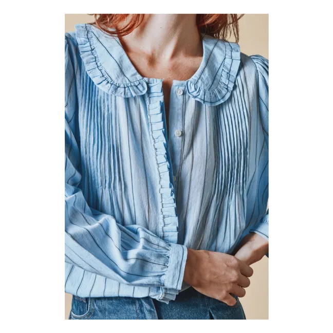 Blusa de algodón con cuello de volantes | Azul