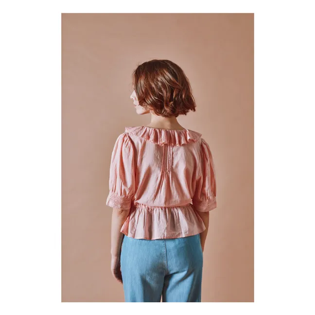Embroidered cotton ruffled blouse | Pink