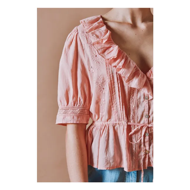 Embroidered cotton ruffled blouse | Pink