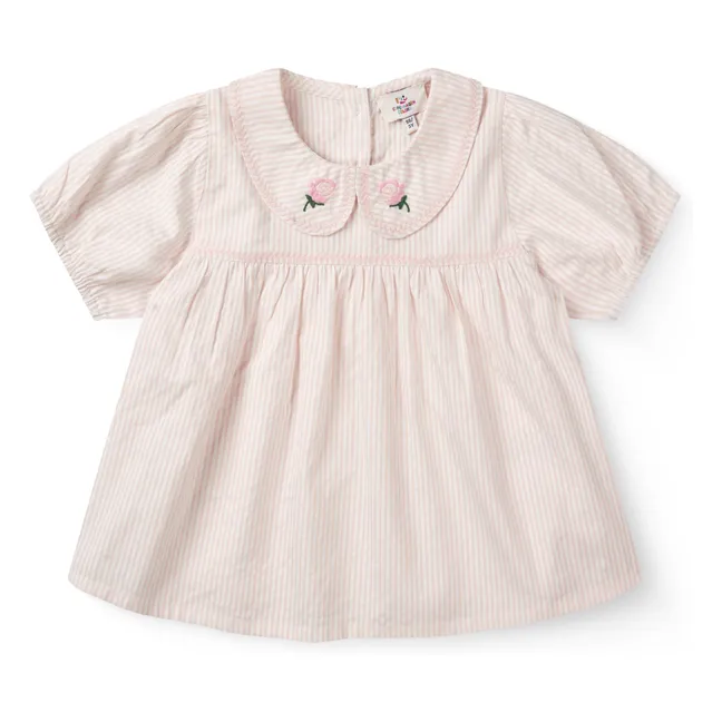 Blusa de rayas con cuello Claudine Seersucker Algodón orgánico | Rosa Pálido