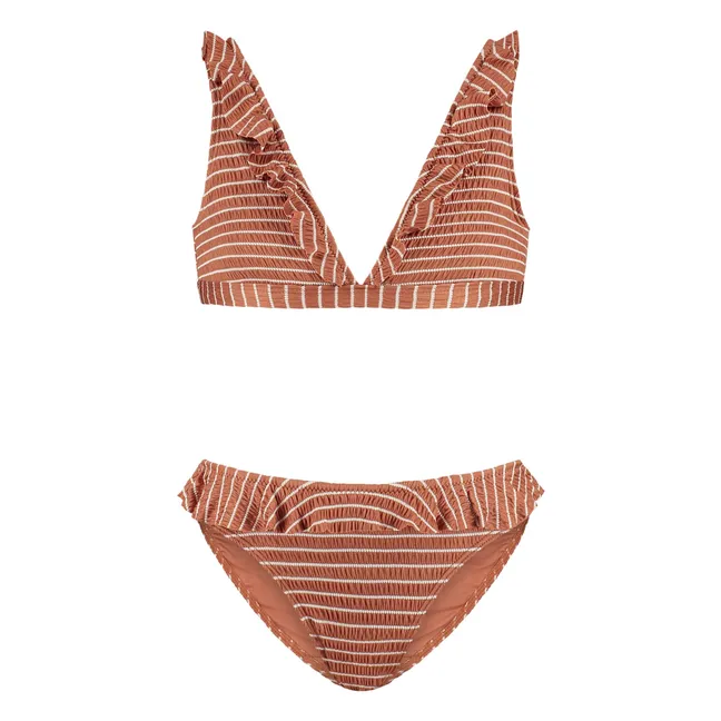 Maillot de bain 2 Pièces Volants Rayé Fibres Recyclée | Caramel