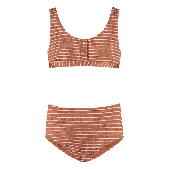Maillot de Bain Boutonné Rayé Fibres Recyclées | Caramel
