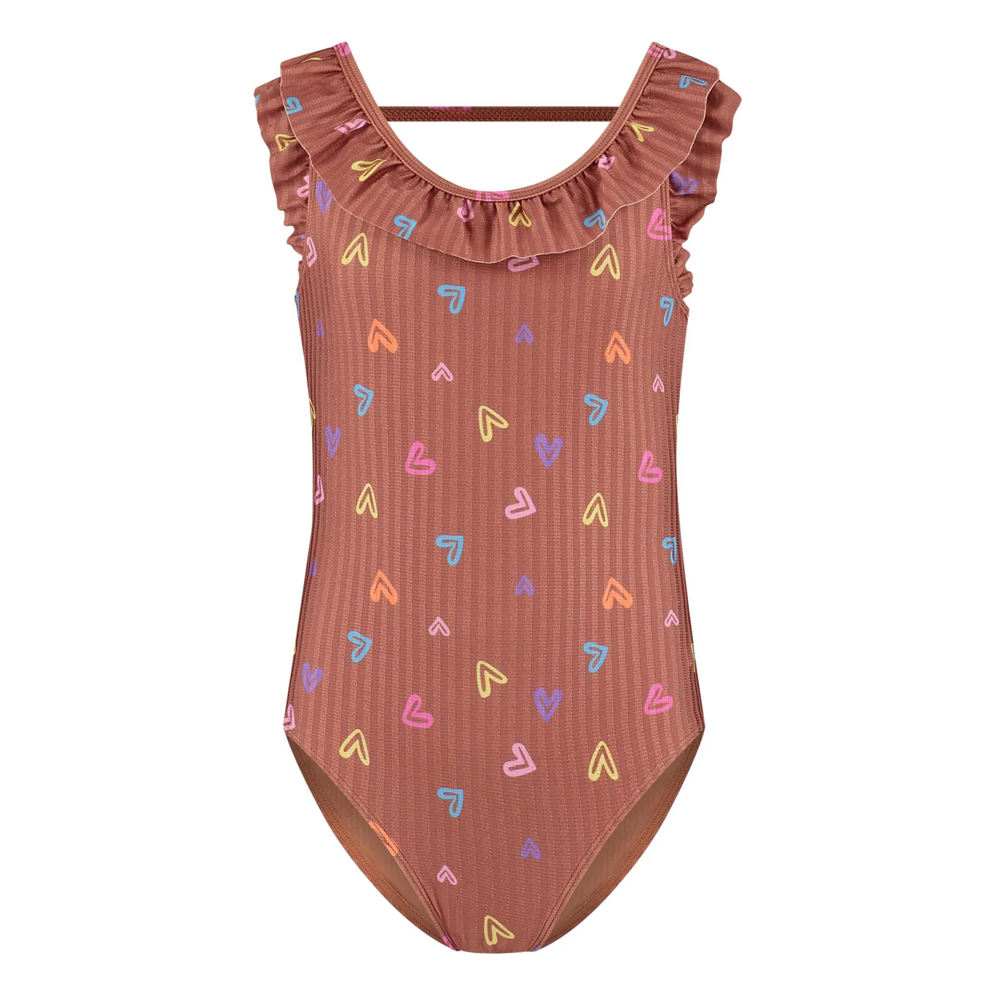 Beachlife Brown Ruffled Swimsuit With Striped Hearts