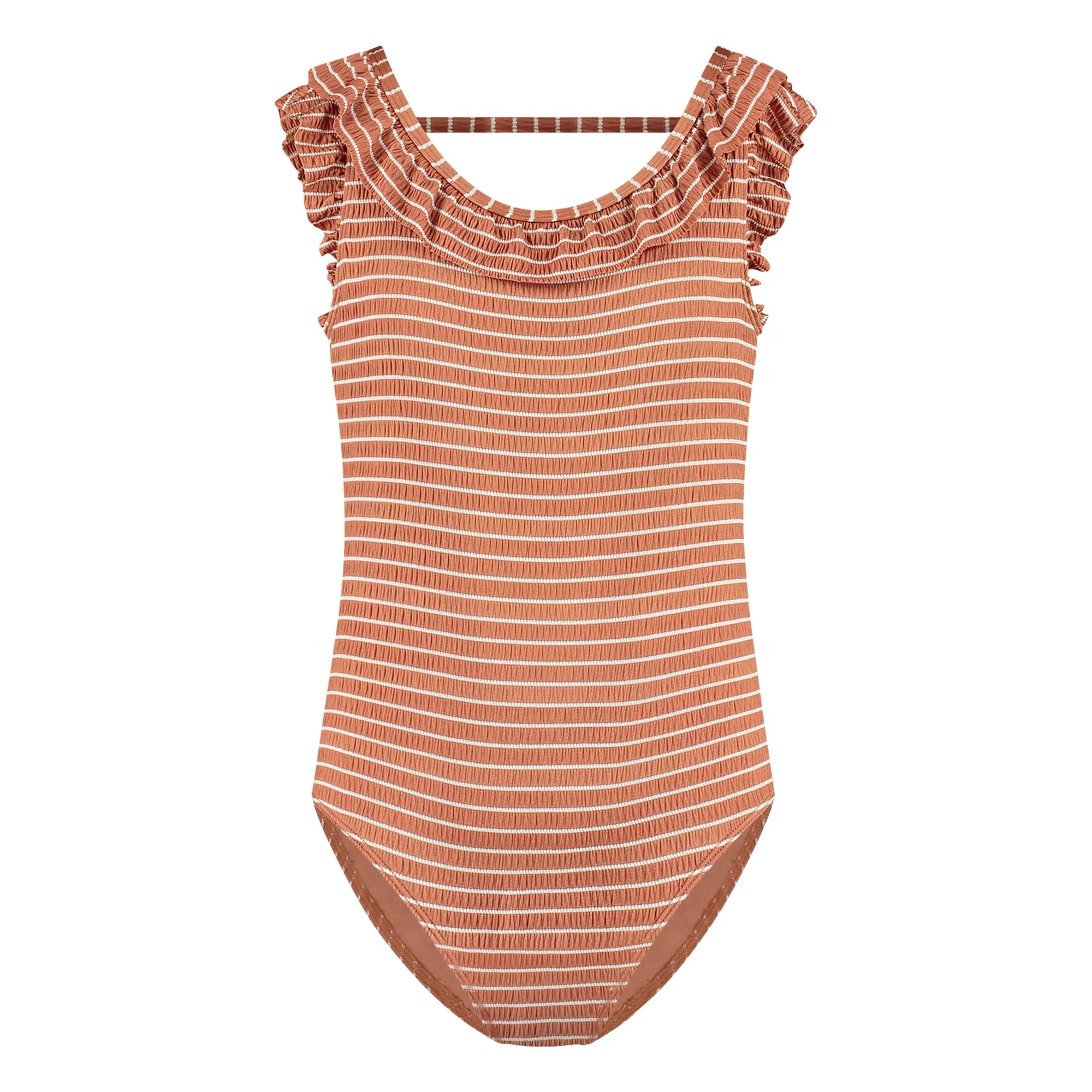Traje de baño de 1 pieza Volantes a rayas Fibras recicladas | Caramelo- Imagen del producto n°0