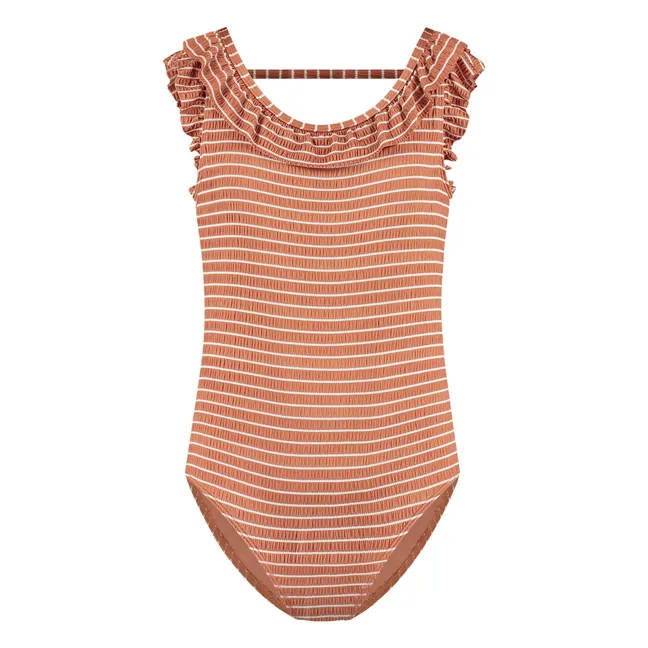 Maillot de Bain 1 Pièce Volants Rayé Fibres Recyclées | Caramel