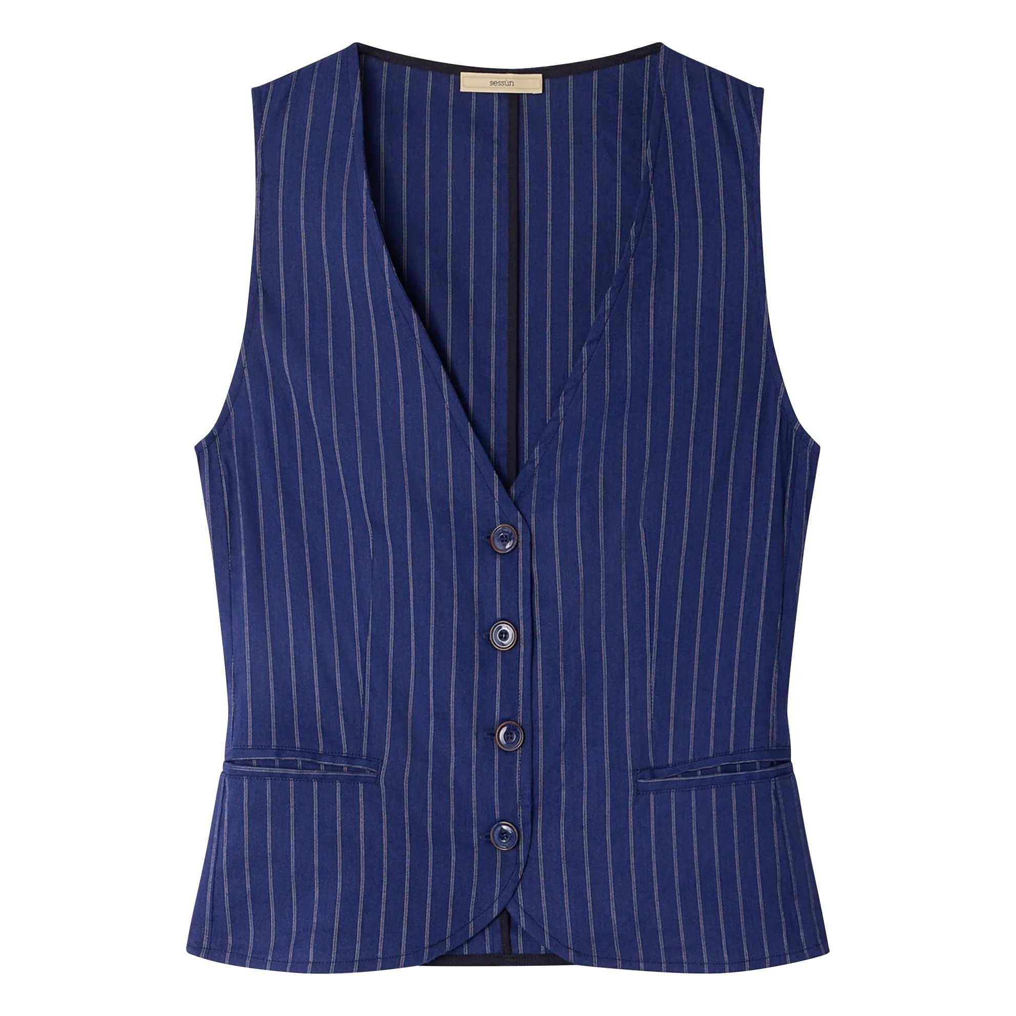 Sessùn Navy Blue Fernando Linen Stripes Sleeveless Blouse