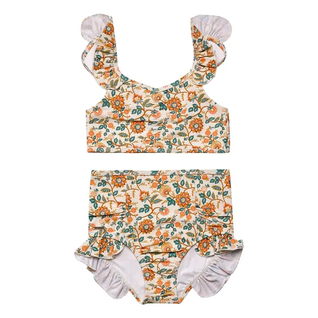 Maillot de Bain 2 Pièces Volants Fleuri Fibres Recyclées | Ecru