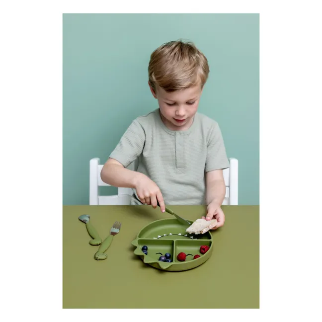 Plato compartimentado Mr. Dino con ventosa | Verde