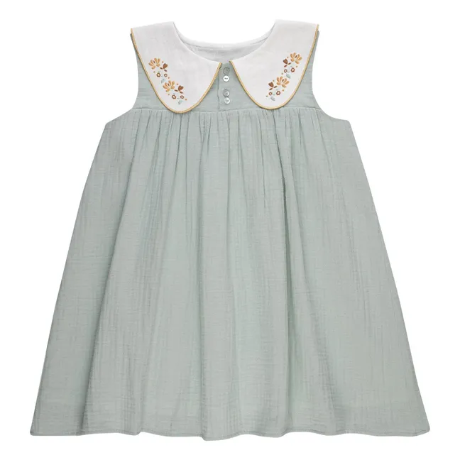 Robe Col Claudine Brodé Josefa Coton Bio | Vert amande
