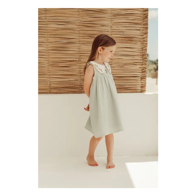 Robe Col Claudine Brodé Josefa Coton Bio | Vert amande