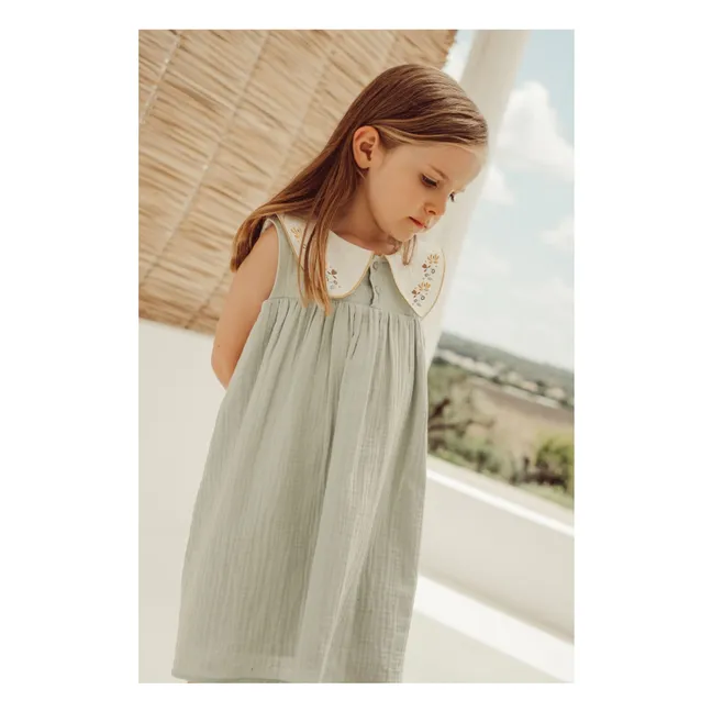 Robe Col Claudine Brodé Josefa Coton Bio | Vert amande