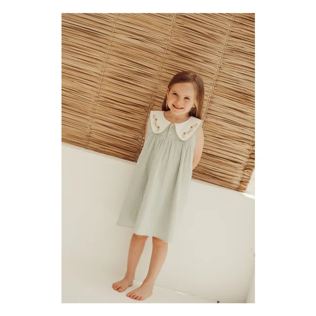Robe Col Claudine Brodé Josefa Coton Bio | Vert amande