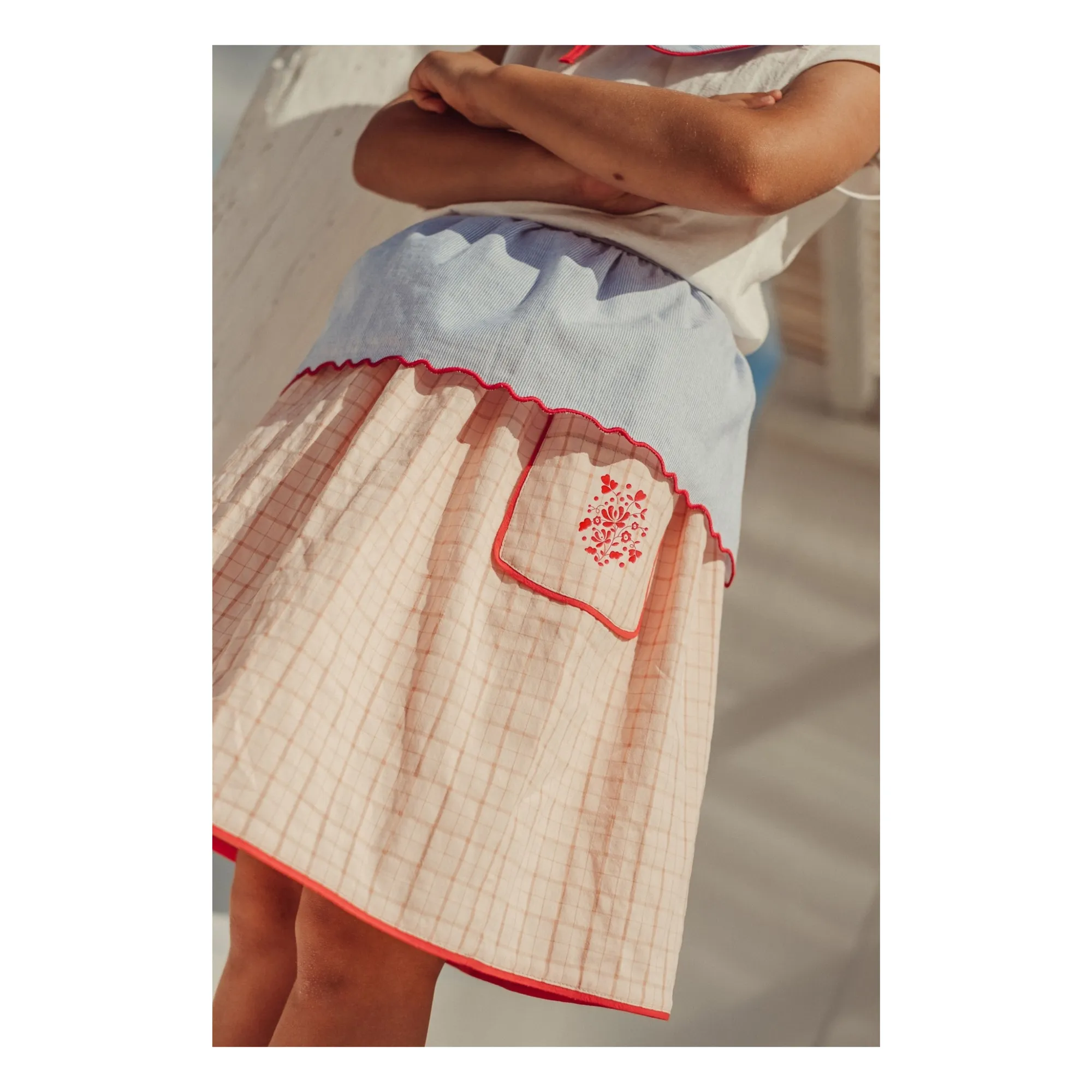 Jupe Brodée Amália Carreaux Coton Bio | Rose pâle- Image produit n°4