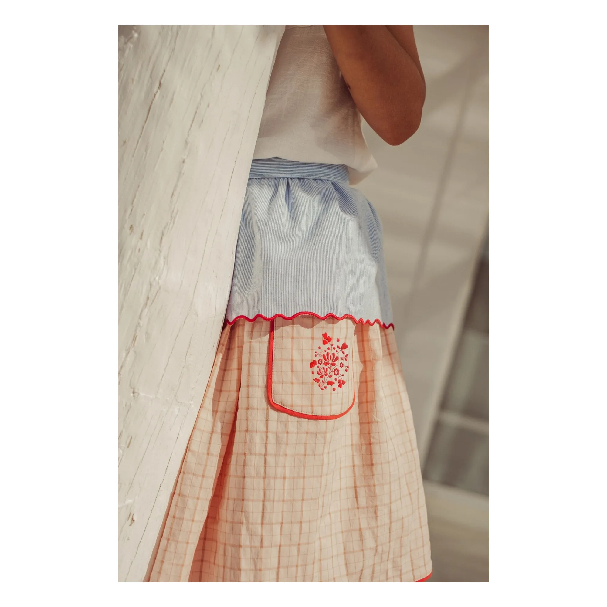 Jupe Brodée Amália Carreaux Coton Bio | Rose pâle- Image produit n°3