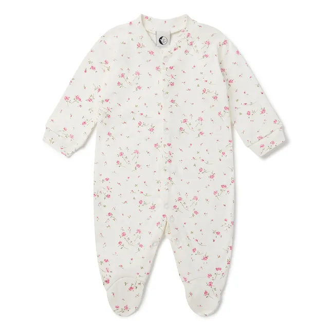 Pyjama avec pieds Fleuri Coton Bio | Blanc