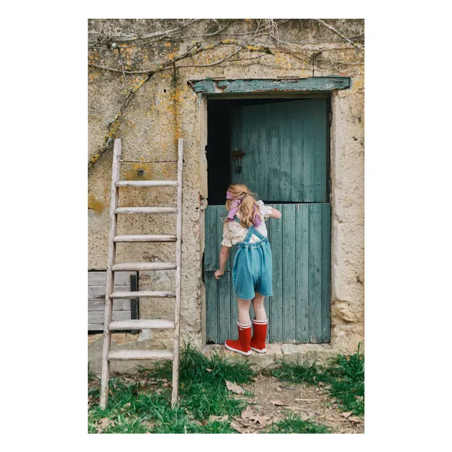 Salopette Courte Denim Brodée Cerises | Bleu