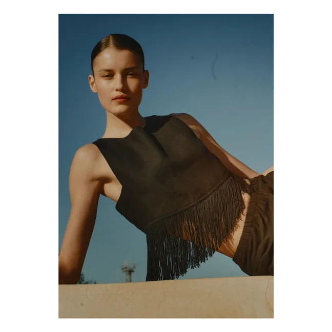 Top de lino con flecos | Negro
