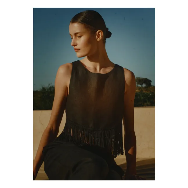 Top de lino con flecos | Negro
