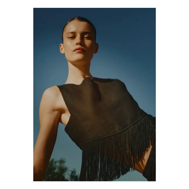 Top de lino con flecos | Negro