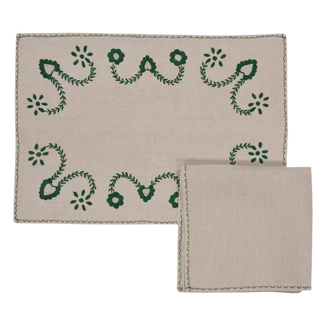 Ensemble set et serviette de table brodés Viana | Vert