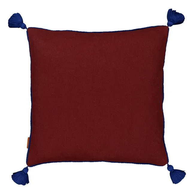 Embroidered linen cushion with Viana pompons | Burgundy