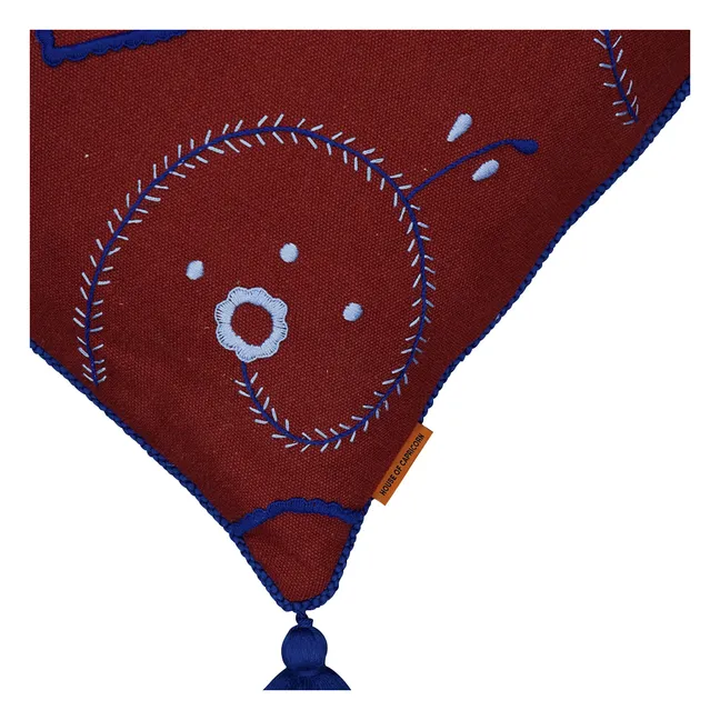 Embroidered linen cushion with Viana pompons | Burgundy