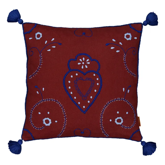 Embroidered linen cushion with Viana pompons | Burgundy