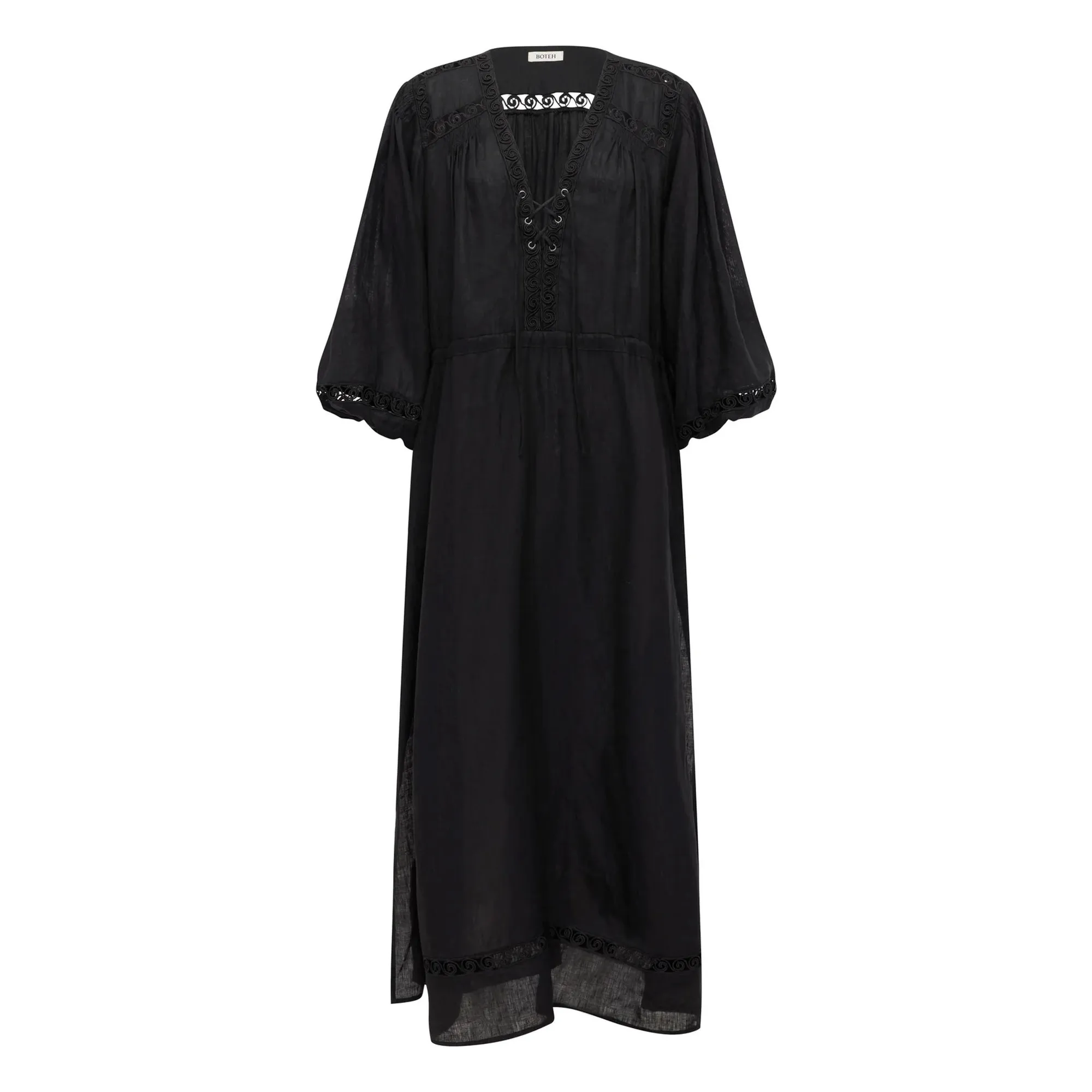 Boteh Black Atlas Linen Smocked Dress