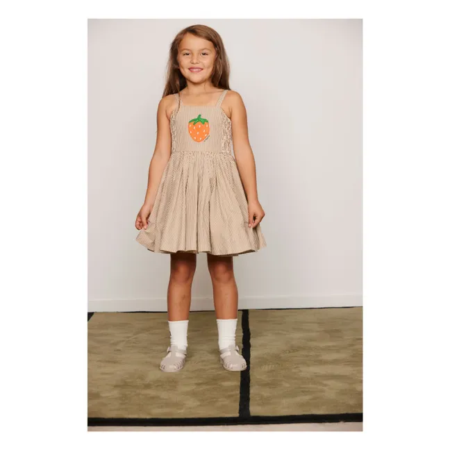Vestido a rayas de popelín de algodón orgánico con fruncido | Marrón