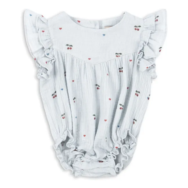 Barboteuse Coco Cerises Coton Bio | Bleu pâle