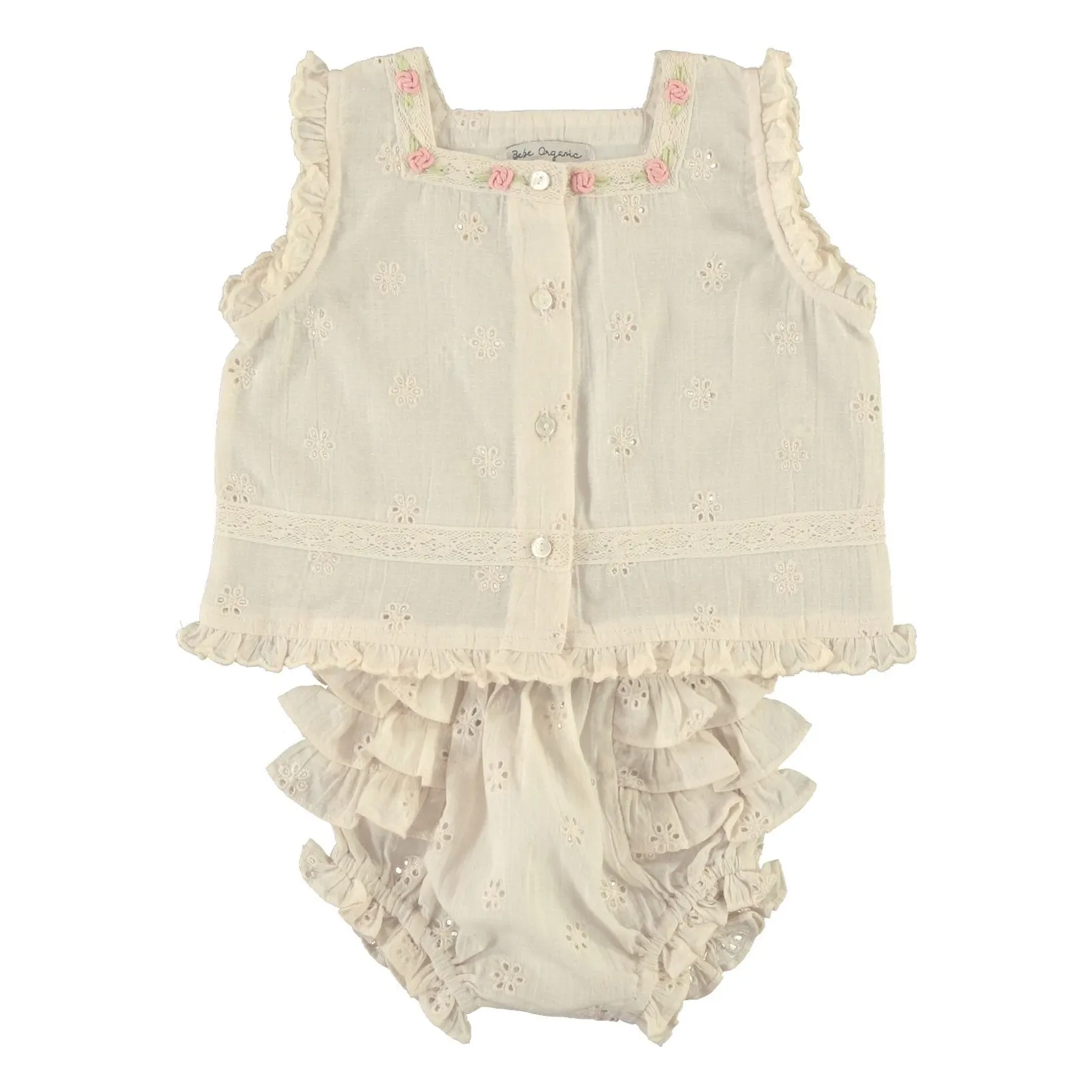 Bebe Organic Ecru Luna Ruffle Top And Bloomer Set