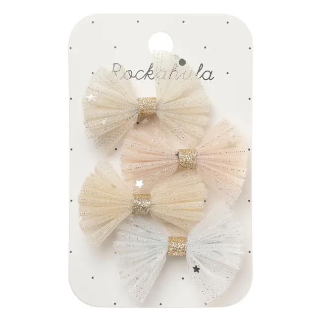 Lot de 4 Minis Barrettes Nœud Tulle Scintillant | Rose