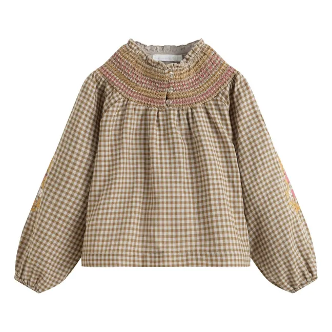 Blouse Brodée Evelina Carreaux | Brun kaki