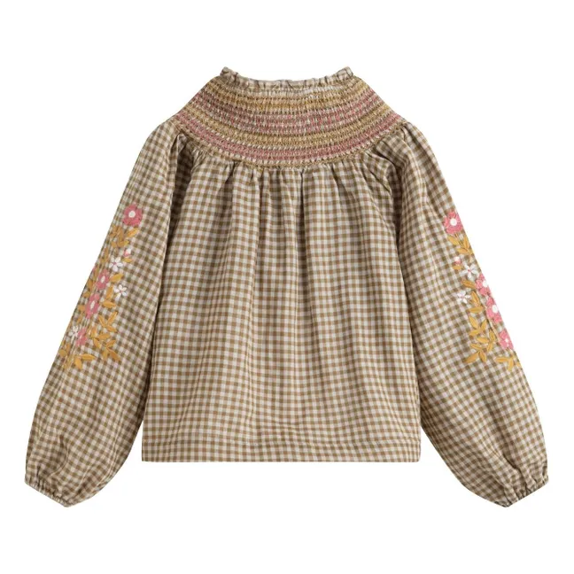 Blouse Brodée Evelina Carreaux | Brun kaki