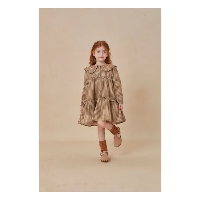 Viola Carreaux Embroidered Claudine Collar Dress | Khaki brown