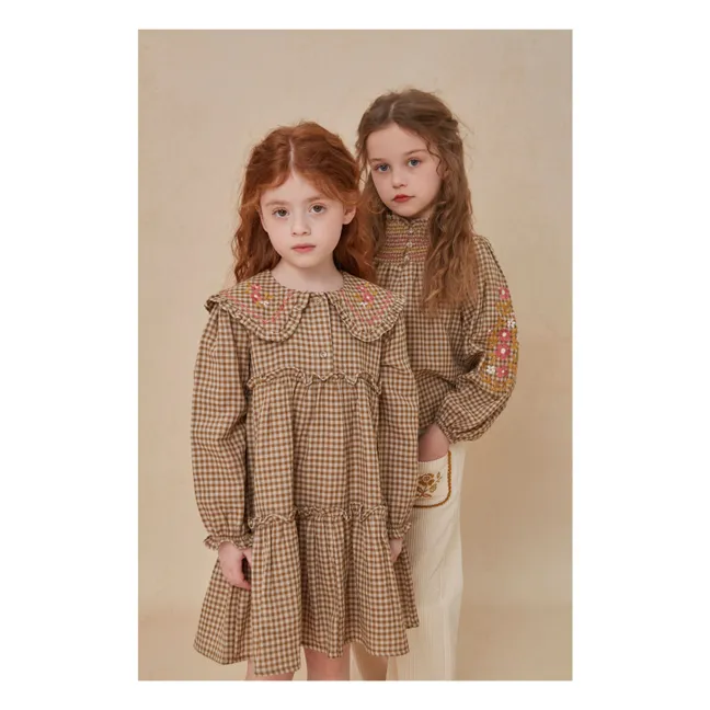Blouse Brodée Evelina Carreaux | Brun kaki