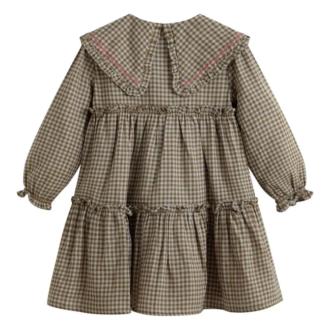 Viola Carreaux Embroidered Claudine Collar Dress | Khaki brown