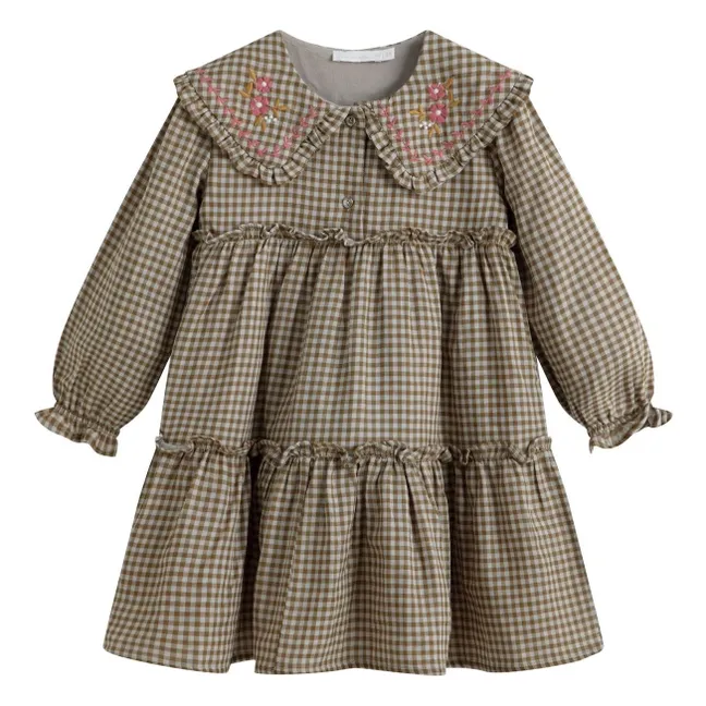 Robe Col Claudine Brodé Viola Carreaux | Brun kaki