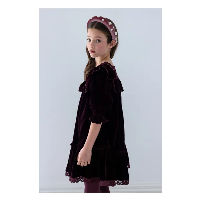 Robe Col Carré Dentelle Velours | Prune