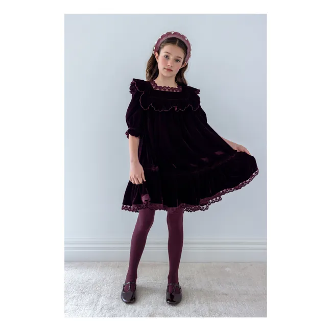 Robe Col Carré Dentelle Velours | Prune