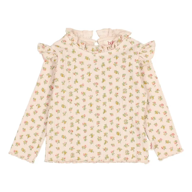 T-shirt Côtelé Volants Cottage Fleuri | Rose pâle